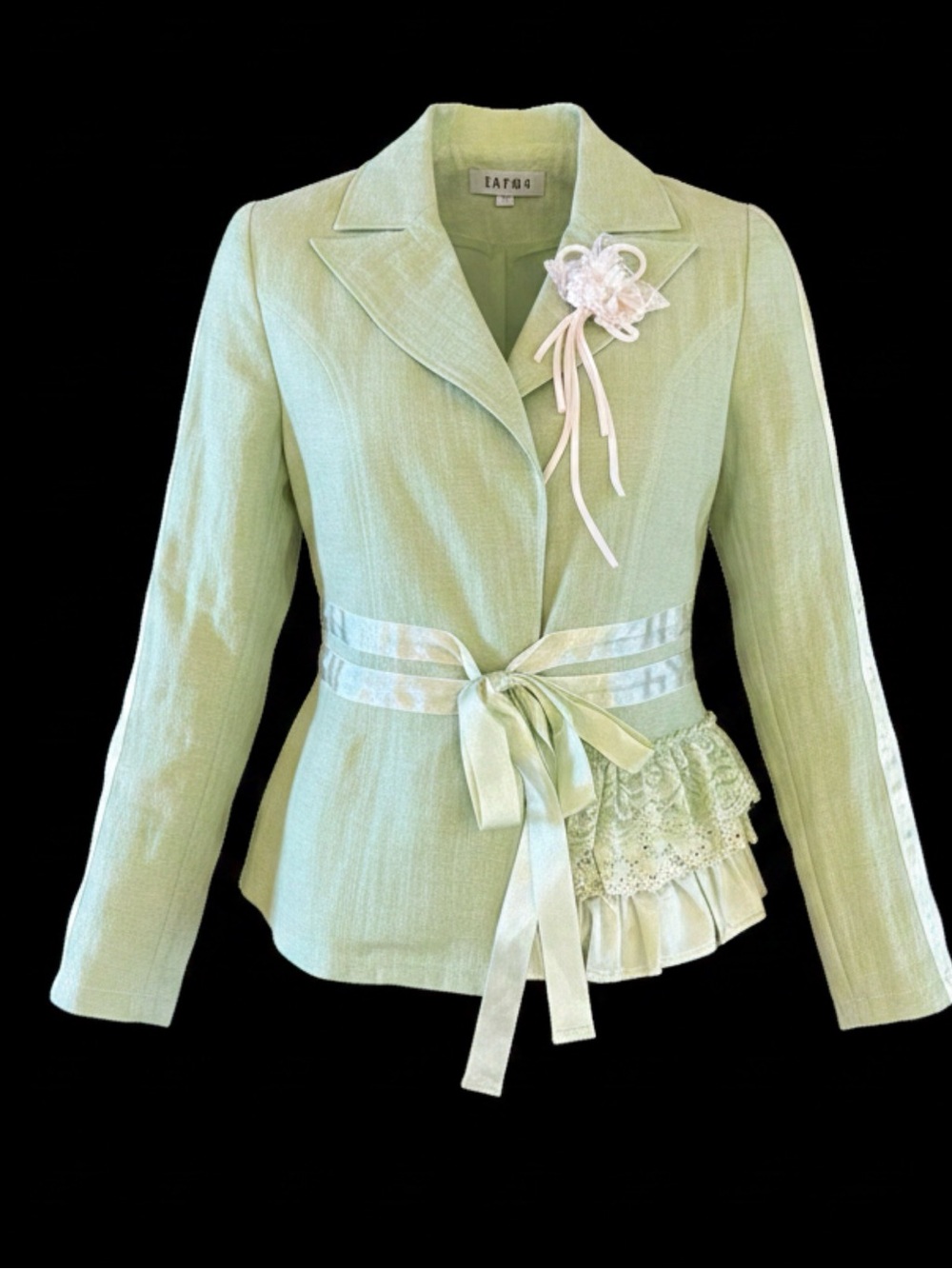 Light Green Tailored Belted Blazer with Lace Accent - linen blend